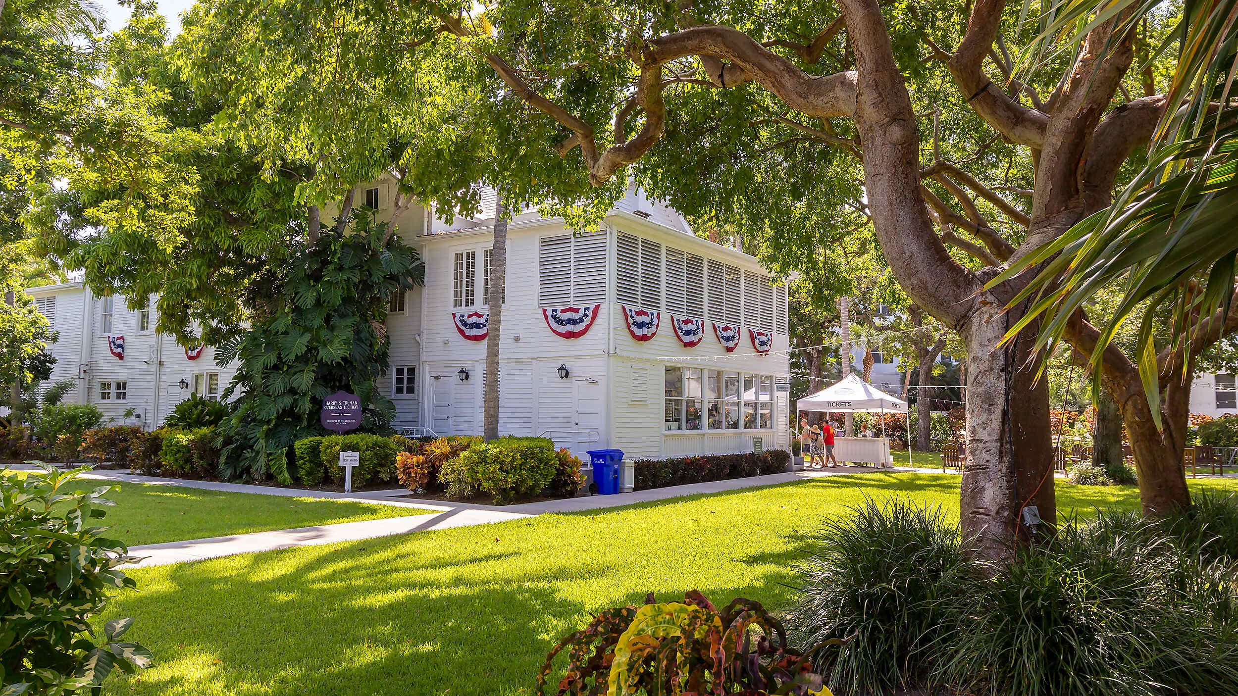 Historic Truman Little White House near Marquesa Hotel, Key West, Florida, framed by tropical greenery